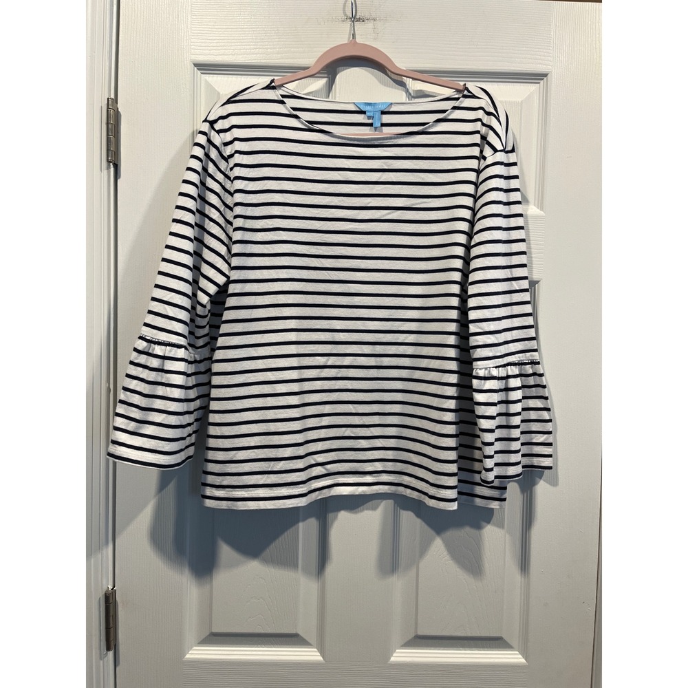 Draper James XXL Striped Ruffle Bell Sleeve Boat Neck Top Navy White Nautical